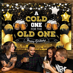 Beer Party Decorations,Black and Gold Happy Birthday Backdrop for Men a Cold One