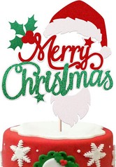 Santa Hat & Beard Cake Topper Christmas Cake Topper Red, Green & White Glitter.