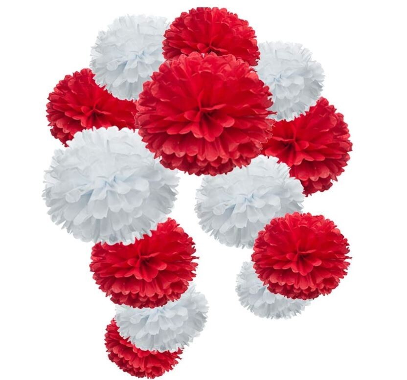 208 x NEW 12″ White & Red Tissue Paper Pom Pom Hanging Decorations