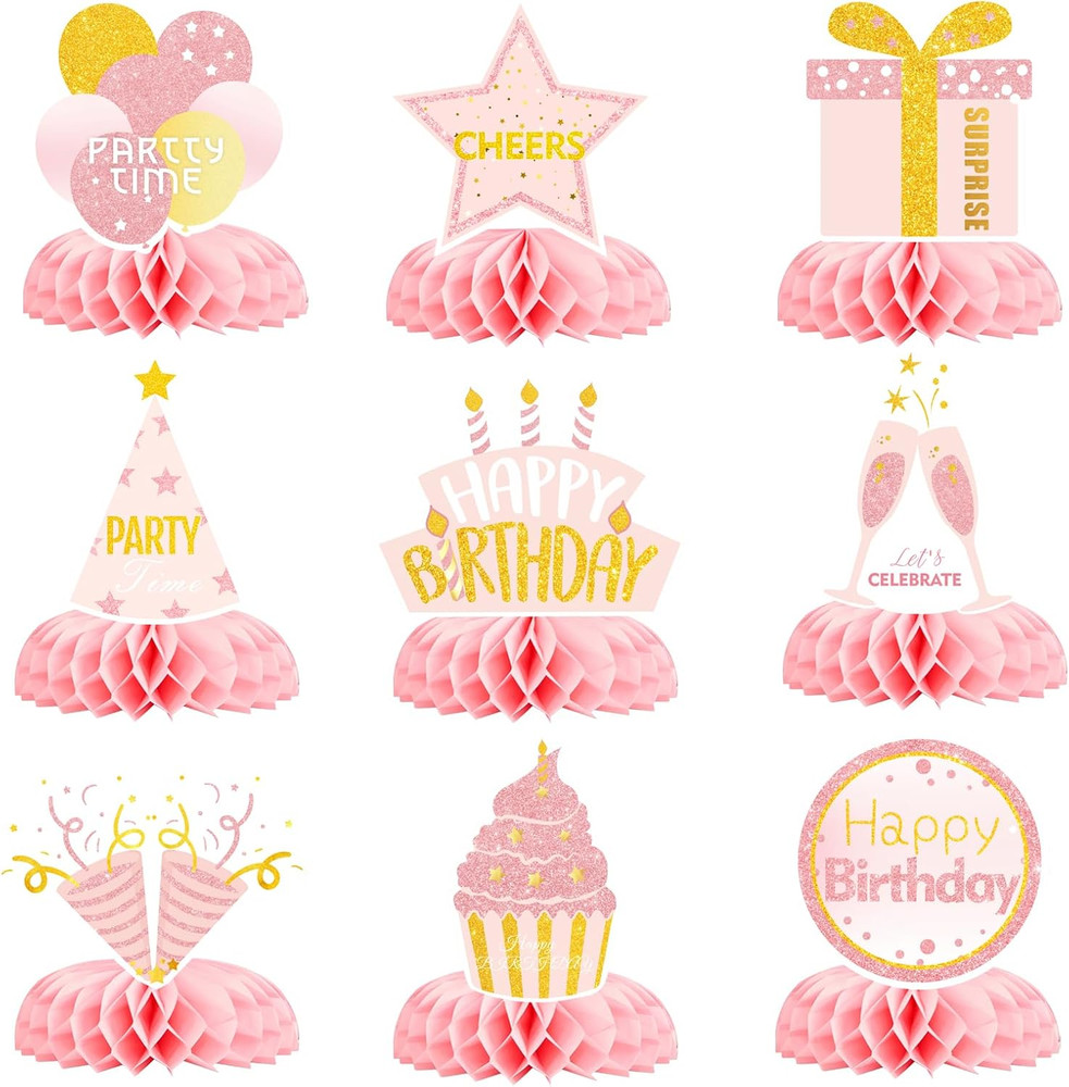 9 Pieces Pink and Gold Birthday Table Decorations, Pink Rose Gold Honeycomb Cent