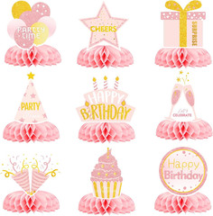 9 Pieces Pink and Gold Birthday Table Decorations, Pink Rose Gold Honeycomb Cent