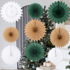 Hanging Large Paper Fans Neutral Brown Green White Ornament Kit 9 PCS