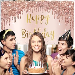 Rose Gold Happy Birthday Banner & Backdrop Decorations for Girls & Women, Pin…