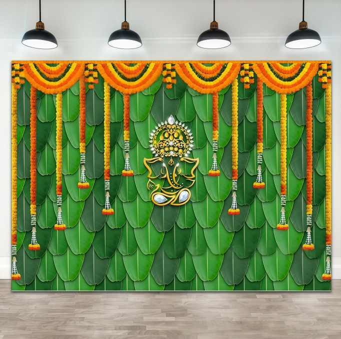 Indian Pooja Traditional Backdrop Marigold Background Banana Leaf Ganesh