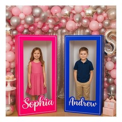 Barbie and Ken Photo Booth, pink and blue box, cardboard material