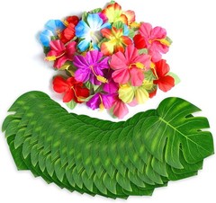 60 Tropical Hibiscus Flowers & Palm Leaves for Hawaii Themed Celebrations