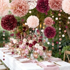 Bachelorette Party Decorations – 15Pcs Burgundy Rose Gold Tissue Pom Poms Cir…