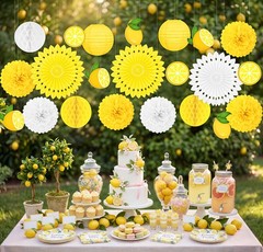 22pcs Summer Lemon Party Decorations – Yellow Hanging Paper Fans, Pom Poms, L…