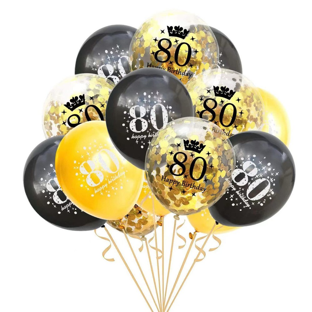 Black Gold 80th Birthday Decor, 15 Latex Balloons, 12 Inch