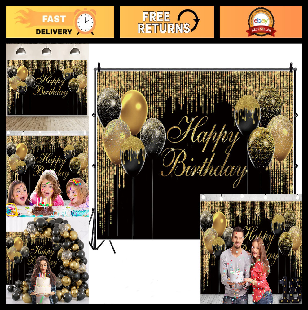 Black & Gold Birthday Backdrop 10x8ft – Glitter Sequin Banner for Party Decor, P