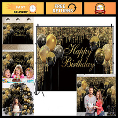Black & Gold Birthday Backdrop 10x8ft – Glitter Sequin Banner for Party Decor, P