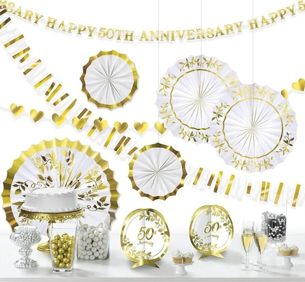 Happy 50th Anniversary Gold White Wedding Party Room Decorating Kit 10 Pieces
