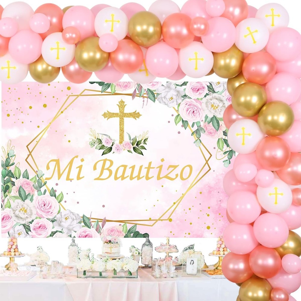 Balterever Pink Baptism Decorations for Girls with Mi Bautizo Backdrop Confir…