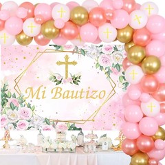 Balterever Pink Baptism Decorations for Girls with Mi Bautizo Backdrop Confir…