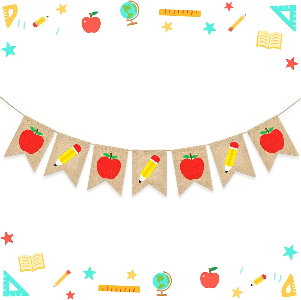 Back to School Decorations, Pre-Strung Burlap Pencil Apple Garland Banner, Class