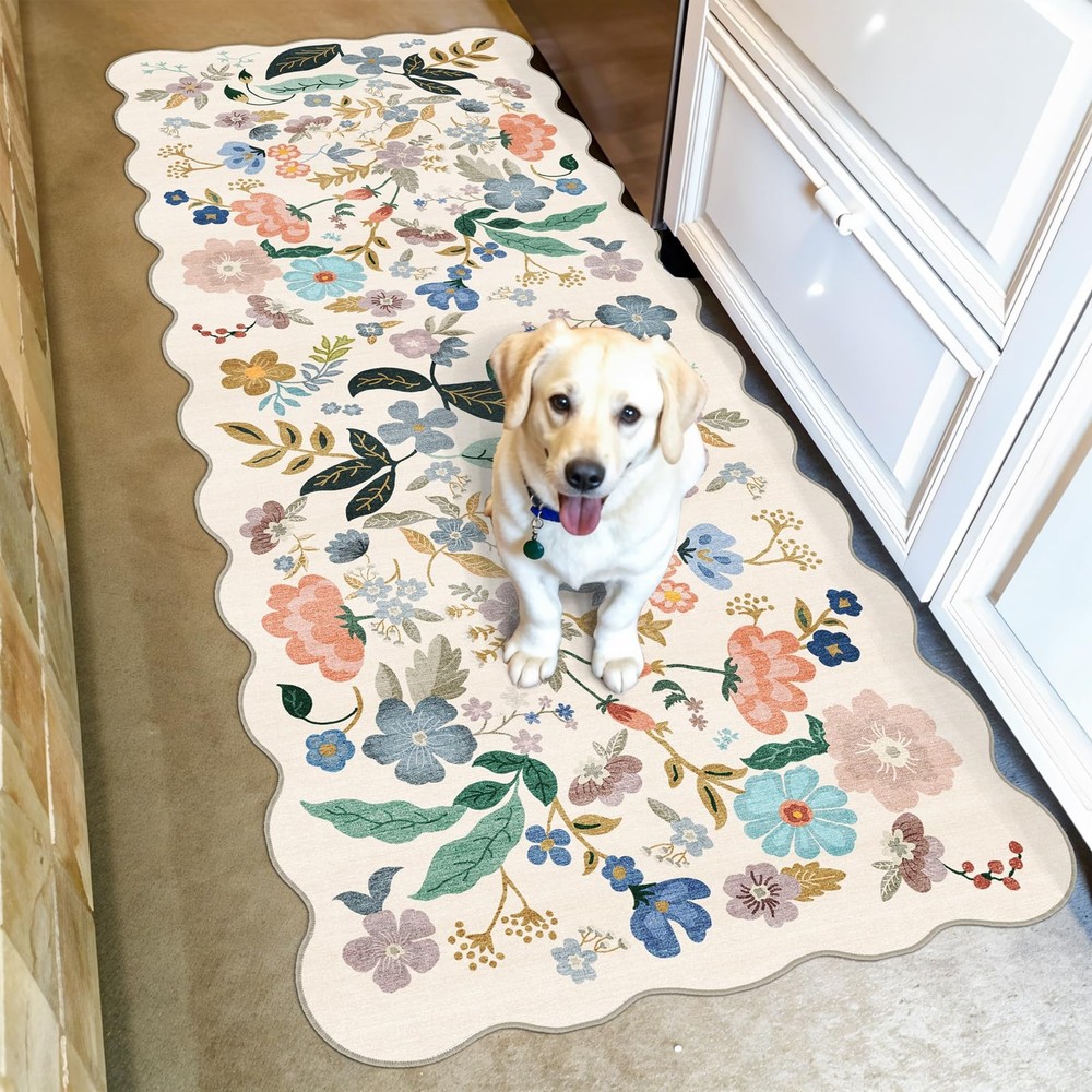 Hallway 2×5 Washable Runner Rug: Stain 2′ x 5′ (Rectangular), Cream/Floral