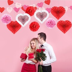 Valentine Day Hanging Decorations Kit Bunting Heart Paper Fans Pompoms Set
