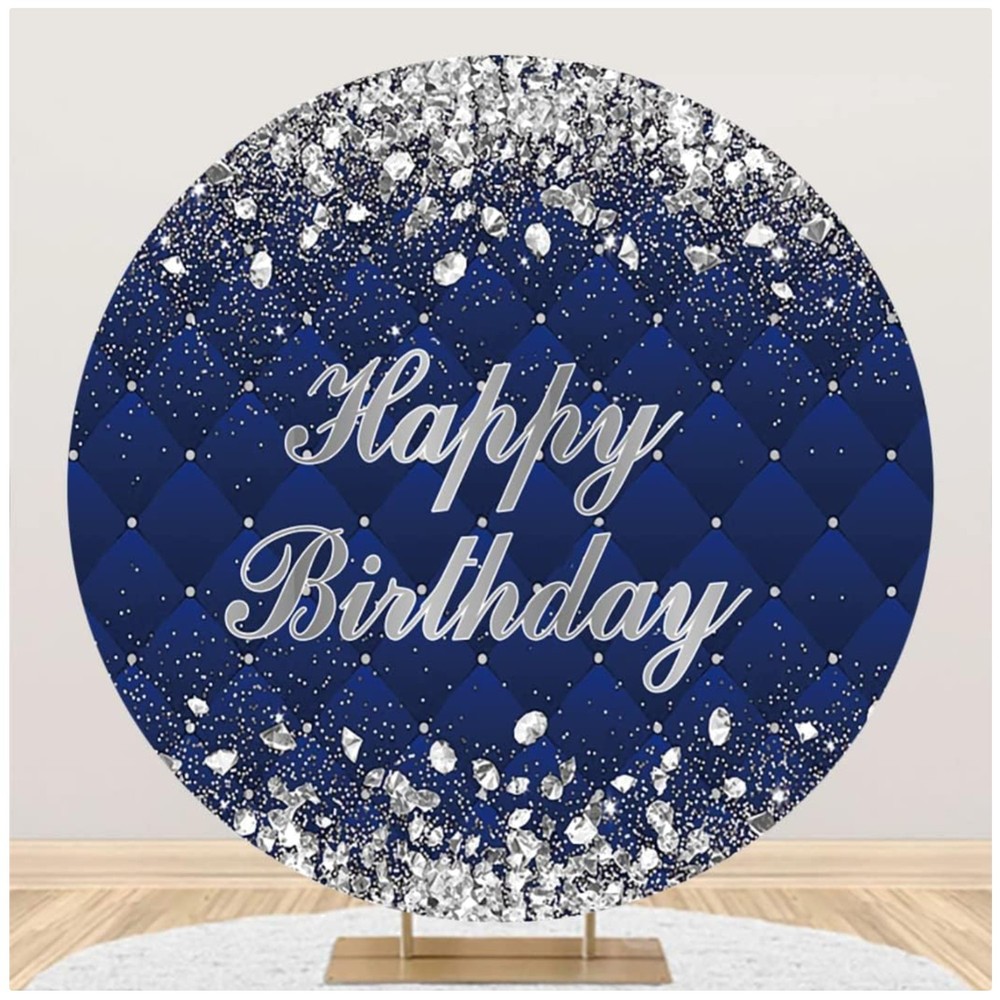 Blue Silver Glitter Happy Birthday Backdrop Cover