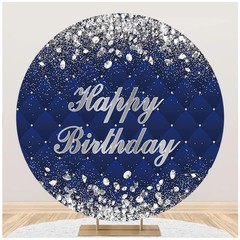 Blue Silver Glitter Happy Birthday Backdrop Cover