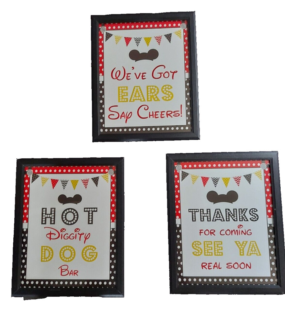 Disney Mickey Mouse Theme Framed Party Signs 11″ X 9″ Set of 3