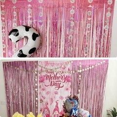 Metallic Foil Fringe Backdrop 2 Pack 3.2×8.3 Ft Pink Party Photo Booth Decor
