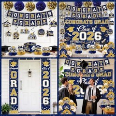 Navy Blue & Gold Graduation Decorations 2026 Set – Congrats Grad Banner, Balloon