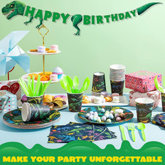 Dino Birthday Party Set 145pc 24 Guests Cups Napkins T-Rex Banner Plates Cutlery