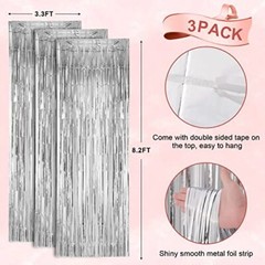 3 Pack 3.3×8.2 Feet Silver Foil Fringe Backdrop Curtains, Tinsel 07 Silver