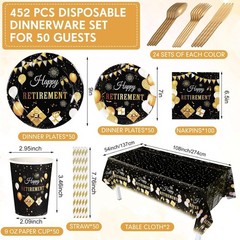 452 Pcs Black Gold Retirement Party Decorations – Stylish Disposable Tableware