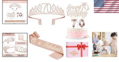 Gorgeous 70th Birthday Decorations for Women: Sash & Tiara Gift Set in Rose Gold