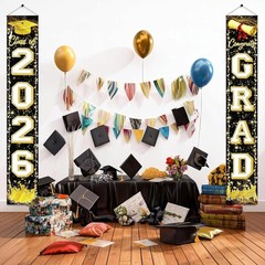 Black Gold Graduation Decorations Class of 2026 Congrats GRAD Porch Sign Banner