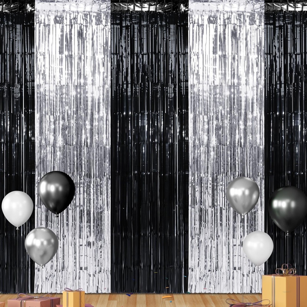 3 Pack 3.3Ft x 6.6Ft Graduation Foil Fringe Curtain Backdrop Decorations, Bla…