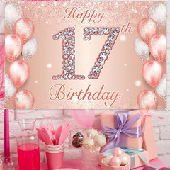 Happy 17Th Birthday Rose Gold Banner Cheers to 17 Years Old Backdrop Confetti Ba