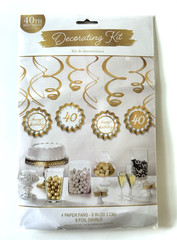 40th Birthday Party Decorating Kit Gold & White 4 Paper Fans 8 Gold Swirls 12pcs