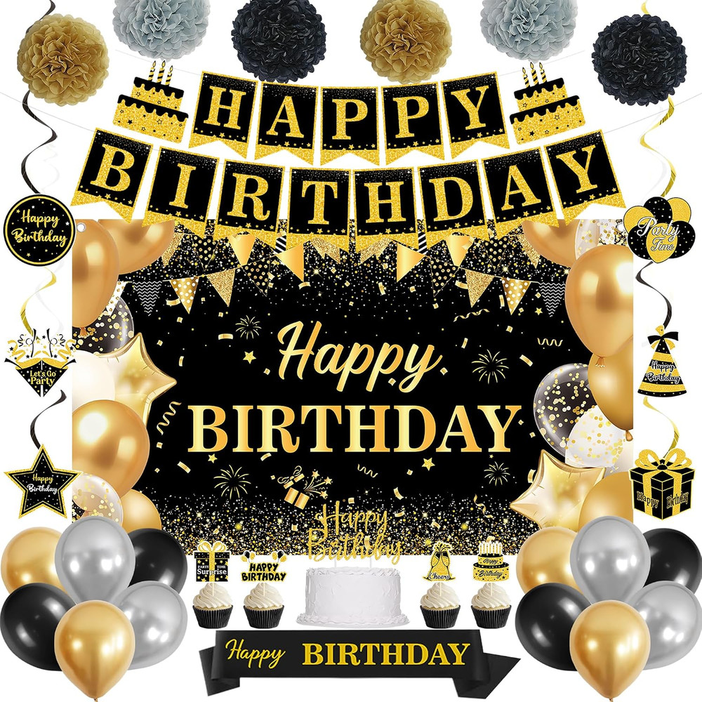 Black Gold Birthday Decorations Set | Happy Birthday Banner & Sash, Balloons Pom
