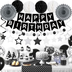 Black Silver White Birthday Decorations Kit Balloons Banner Party Supplies
