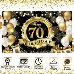 Happy 70Th Birthday Decoration Backdrop Banner Black Gold Extra Large Fabric