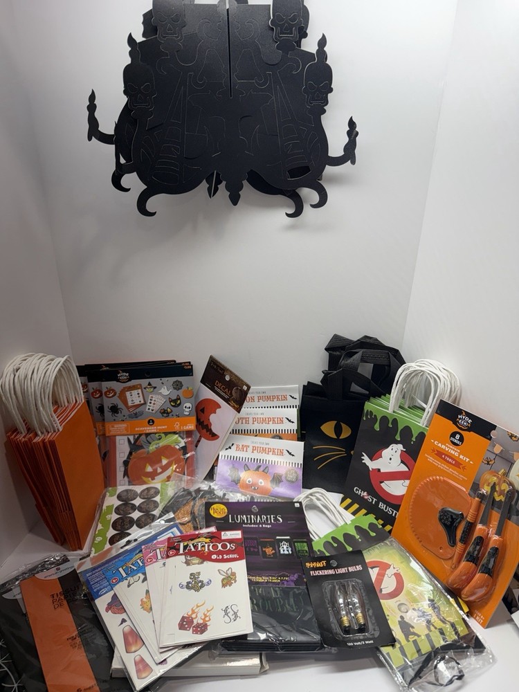 Halloween Party Decor Lot Pumpkins Witch Yard Luminaries Treat Bags Tattoos Saw