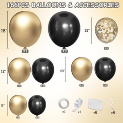Black Gold Silver Balloon Garland Arch Kit, 166Pcs 5 10 12 18 Inch Latex Balloon