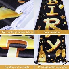 Black Gold Happy Birthday Door Banner Lighted 70.9 x 11.8 inches, black gold