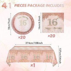 41Pcs 16th Birthday Party Decorations for Girls, Rose Gold Birthday Supplies Inc