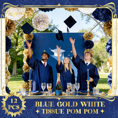 Wedding Party Decorations – 12 PCS Navy Blue and Gold Tissue Paper Pom Poms for