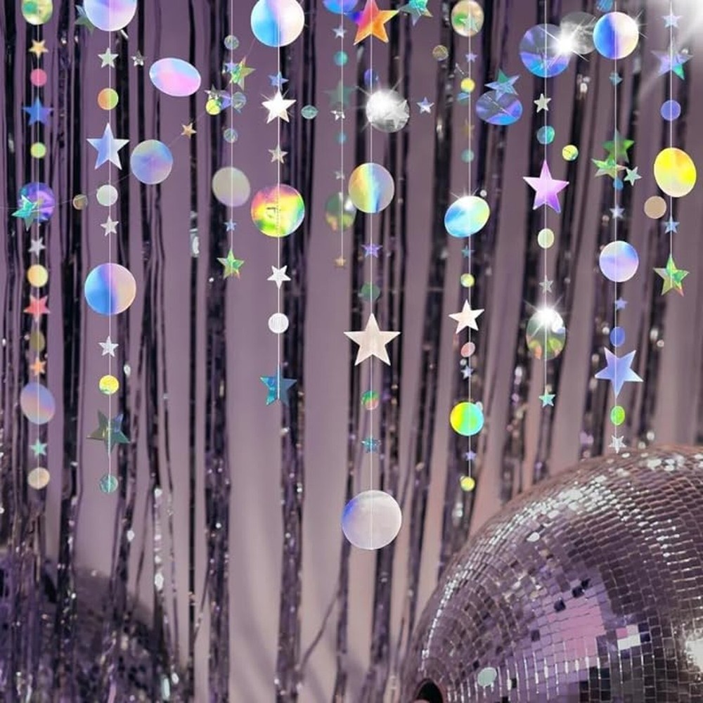 Iridescent Party Star Circle Dot Decoration Iridescent Hanging Garland Stream…