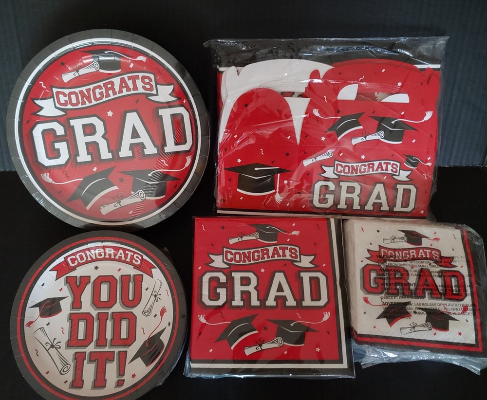 FREE 2026 Red Graduation Party Paper napkins plates & boxes 50 Guests Total 224