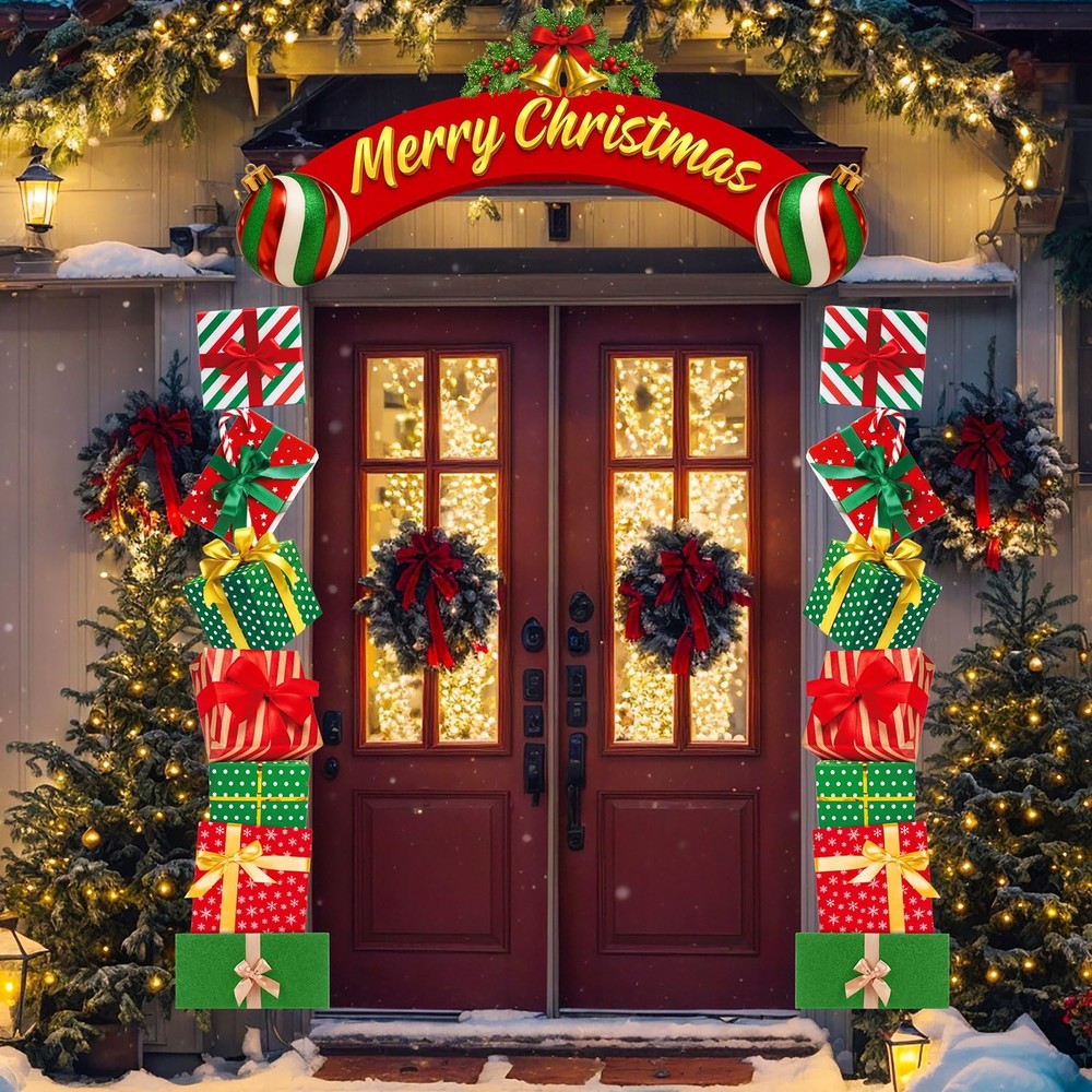 63.8″x29.5″ Christmas Door Decorations, 3pcs Merry Christmas Gift Box Door Fr…