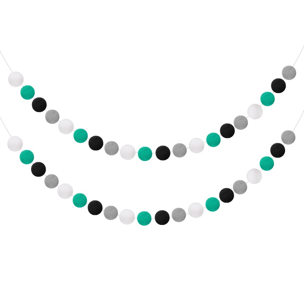 2pcs Pom Pom Garland 6.6 ft 30 Balls for Crafts Decor(Black, White, Grey, Green)