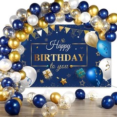 Elegant Navy Blue Gold Balloon Kit with Backdrop Banner – Perfect for Birthdays