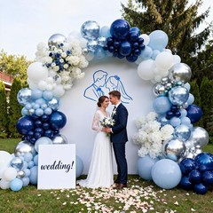 Blue White Silver Balloons Arch Kit, Navy Dark Pearl Blue Metallic Light Blue…