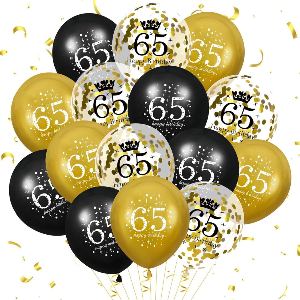 65Th Birthday Balloons for Men Women, 15Pcs Black Gold Happy 65Th Birthday Ballo