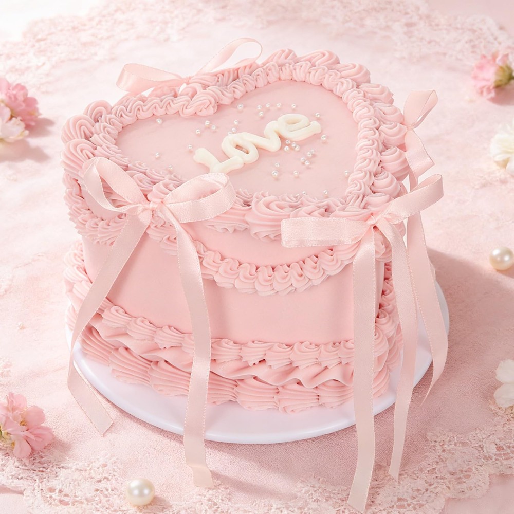 7 Inch Pink Bow Fake Cake Heart Shaped Artificial Birthday Bakery Display